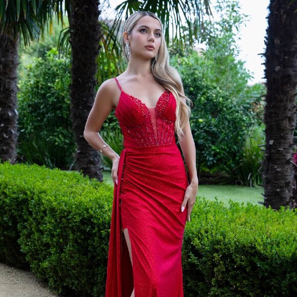 NEW FORMAL SLEEVELESS SHEATH BEADS EMBELLISHED LONG PROM MESH DRESS GL3595